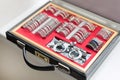 Close-up optometrist trial frame case. Box with different lenses and frame for eye test. Vision diagniostic in ophthalmological c Royalty Free Stock Photo