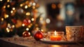 Close-up of an Orange Candle holder with some Christmas decorations and crockery put on an old wood table