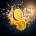 Close-up of orange fruit against black background. Fresh parts orange, slices falling into the water with a splash of water and Royalty Free Stock Photo