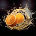 Close-up of orange fruit against black background. Fresh parts orange, slices falling into the water with a splash of water and Royalty Free Stock Photo