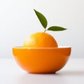 a close-up of an orange fruit in a minimalist white bowl against a bokeh background. Generative AI