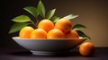 a close-up of an orange fruit in a minimalist white bowl against a bokeh background. Generative AI