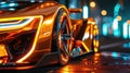 Close up of an orange futuristic sports car. Exterior details