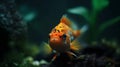 Close up orange goldfish in nature aquascape in fresh water aquarium