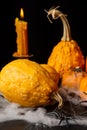 Close-up of orange halloween pumpkins and candle, on table with spider web, selective focus Royalty Free Stock Photo
