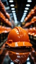 Close up of orange hard hat resting on a pipe at the construction site, construction site photo