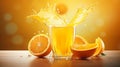 Close up of orange juice splashing out of glass. Orange juice splash and oranges. Royalty Free Stock Photo