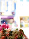 Close up orange, pink and white flowers, temple offerings, Singapore