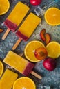 Orange and Plum Popsicles on a gray background, top view. Fruit popsicle / Ice Cream with ice cubes, plum and orange pieces.