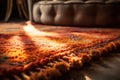 Close up of orange rectangular rug on floor in bedroom, created using generative ai technology