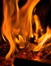 Close up of orange and red fire flames on black background, created using generative ai technology Royalty Free Stock Photo