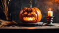 Close up of an orange scary carved pumpkin with candles