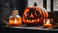 Close up of an orange scary carved pumpkin with candles