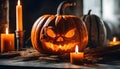 Close up of an orange scary carved pumpkin with candles