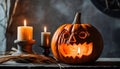 Close up of an orange scary carved pumpkin with candles