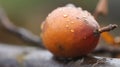 a close up of an orange on a tree branch with water droplets on it and a blurry background of leaves and branches in the Royalty Free Stock Photo