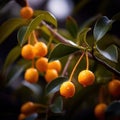 Close-up of an orange tree with several oranges hanging from its branches. These oranges are green, indicating that Royalty Free Stock Photo