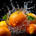 Orange water splash isolated black background Illustration image generative AI Royalty Free Stock Photo