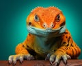 a close up of an orange and yellow lizard