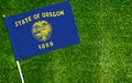 Close-up of Oregon flag against closed up view of grass