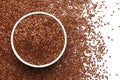 Close-up of Organic Brown flaxseeds Linum usitatissimum or linseed in a white ceramic bowl with the gradient background