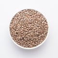 Close up of Organic masoor dal Lens culinaris or whole brown  dal on a ceramic white bowl. Royalty Free Stock Photo