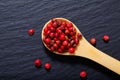 Close up Organic Pink Peppercorn in wooden spoon Royalty Free Stock Photo