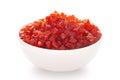 Close-up Organic red tutti frutti sweet soft candy in white ceramic bowl on white background