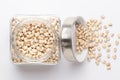 Close up of Organic soybean, Glycine max or soya bean dal in a glass jar with Lid.