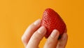 Close up of organic strawberry in woman hand over yellow background. Healthy eating and lifestyle concept