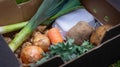 Close up of organic vegetable box with assorted vegetables and eggs from local farmers market. Royalty Free Stock Photo