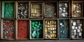 Close up of organized boxes containing assorted computer parts and electronic components