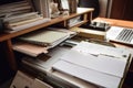 close-up of organized home office, with laptop, files, and notebook visible