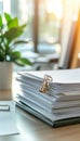 Close up of organized office documents in a bright modern workspace with paper clip folder Royalty Free Stock Photo