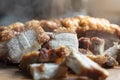 Close up Oriental Roast Crispy pork belly on wooden chopping board Royalty Free Stock Photo