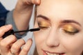 Close-up of an oriental-style eye make-up: golden, brown and green pronounced eye shadows, the make-up artist holds a brush in his