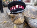 Close-up of an ornamental turtle made of stone with black Tivoli hat