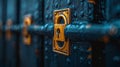 Close-up of an ornate golden lock on a dark blue wooden door with intricate carvings