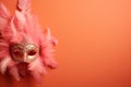Close-Up of Ornate Venetian Carnival Mask with Feathers on Solid Peach Background with Copy Space