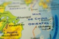 Close-up of the orographic map of Shanghai and the China Sea, with references in Spanish. Concept cartography, Travel, tourism, Royalty Free Stock Photo