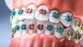 Close-up of a orthodontic model jaws and teeth with braces