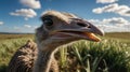 Close-Up Portrait of a Curious Ostrich in a Green Field on a Sunny Day Royalty Free Stock Photo