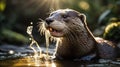Playful Otter in a Glistening River with Sunlight Catching on Water Droplets Royalty Free Stock Photo