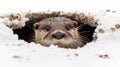 A close up of an otter peeking out from a hole in the snow, AI Royalty Free Stock Photo