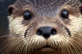 close-up of otter's whiskers and furry face, with its black eyes peering out