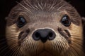 close-up of otter's whiskers and furry face, with its black eyes peering out