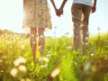 Close up outdoor of couple holding hands in the chamomile field. Love concept