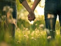 Close up outdoor portrait of couple holding hands in the chamomile field. Love concept