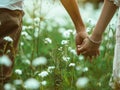 Close up outdoor portrait of couple holding hands in the chamomile field. Love concept