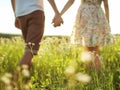 Close up outdoor portrait of couple holding hands in the chamomile field. Love concept